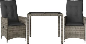 vidaXL Set bistro de grădină cu perne, 3 piese, gri, poliratan