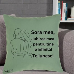 Cadou pentru Sora - Perna Personalizata Sora Mea Te Iubesc Imbratisare din Spate Line Art, 40x40 cm, Verde, Husa Detasabila, Perna Inclusa, BEKZ®
