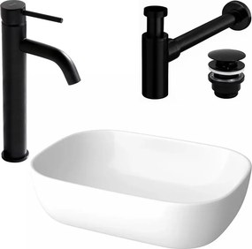 Pachet lavoar pe blat Cersanit Moduo alb 50.5 cm, baterie lavoar Rea Lungo negru si ventil lavoar Click-Clack negru