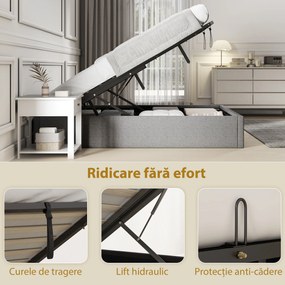 HOMCOM Cadru Pat Matrimonial 140x190 cm, Pat cu Spațiu de Depozitare, Pistoane cu Gaz, Lamele din Lemn, Fără Saltea, Silențios, Ușor de Montat, Înălțime 28 cm, Gri | Aosom Romania