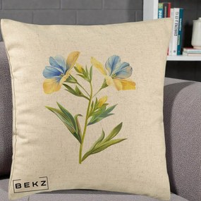 Perna Decorativa Botanica Frezie Galbena si Albastra, 40x40 cm, Bej, Husa Detasabila, Perna Inclusa, BEKZ®