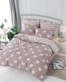 Set lenjerie pat HERZ, bumbac/poliester, roz pudra/alb, 220x240 cm, cu