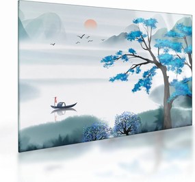 Tablou pe sticlă - Pictură, lac cu barcă (70x50 cm)