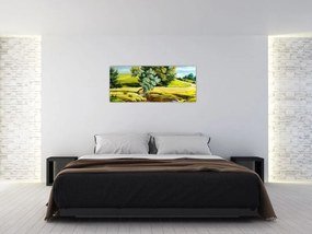 Tablou - Râu între câmpii, pictură în ulei (120x50 cm)