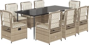 vidaXL Set de masă pentru grădină, 9 piese, cu perne, bej, poliratan