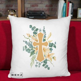 Perna Personalizata Cruce Florala Botez, 40x40 cm, Alb Pufos, Husa Detasabila, Perna Inclusa, BEKZ®