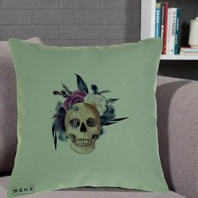 Perna Decorativa Craniu Floral cu Trandafiri si Ciuperci, 40x40 cm, Verde, Husa Detasabila, Perna Inclusa, BEKZ®