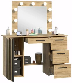 SEM535 - Set Masa toaleta, 120 cm, moderna cosmetica machiaj, masuta vanity, oglinda cu 9 LED cu sau fără Priza, cu sau fara scaun - culoarea Stejar