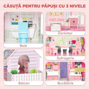 AIYAPLAY Casă de păpuși din lemn pentru copii, 3 niveluri, cu bandă LED DIY, 8 piese de mobilier, 6 camere, 3-6 ani, roz | Aosom Romania