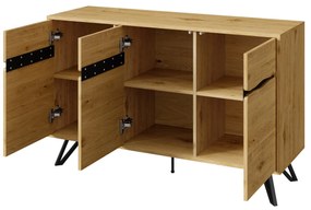 Comodă cu 3 uși, picioare metalice, mult spațiu de depozitare, 140x40x75,5 cm, Culoare naturală