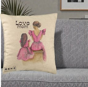 Cadou pentru Mama - Perna Personalizata Love Mom Rochii Roz, 40x40 cm, Bej, Husa Detasabila, Perna Inclusa, BEKZ®