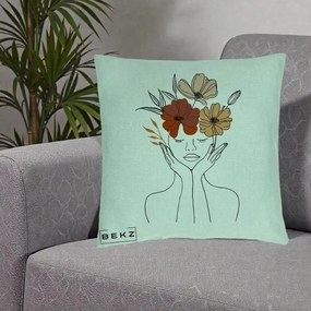 Perna Decorativa Portret Feminin Coroana Trei Flori, 40x40 cm, Verde Menta, Husa Detasabila, Perna Inclusa, BEKZ®