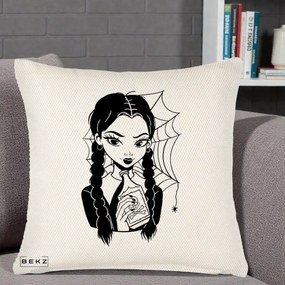Perna Personalizata Wednesday cu Panza de Paianjen, 40x40 cm, Crem Reliefat, Husa Detasabila, Perna Inclusa, BEKZ®