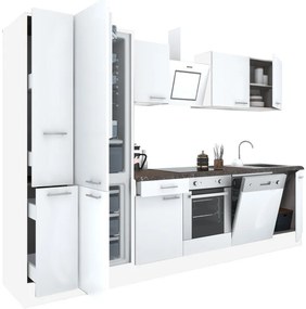 Mobilă de bucătărie Yorki 310, corp alb, față alb satinat, element cuptor inferior, frigider congelator inferior