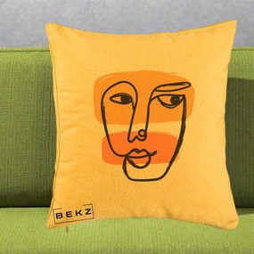 Perna Decorativa Portret Abstract Line Art Portocaliu, 40x40 cm, Galben, Husa Detasabila, Perna Inclusa, BEKZ®