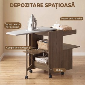 HOMCOM Dulap Masă de Călcat Pliabil cu Suport pentru Fier și Haine cu Compartiment Deschis, 154x55x87 cm, Maro | Aosom Romania