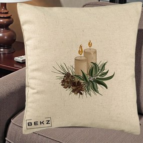 Perna Decorativa Lumanari cu Ilex si Conuri Ilustratie, 40x40 cm, Bej, Husa Detasabila, Perna Inclusa, BEKZ®