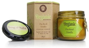 Lumânare organică Patchouli Vanilie 200 g însticlă nuanță chilimbar