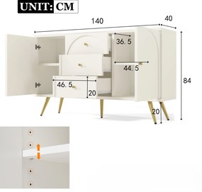 Comodă Modernă Elegantă cu 2 Uși și 3 Sertare, pentru dormitor și living, 140x84x40 cm, Alb crem