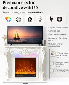 RESIGILAT- Șemineu electric cu efect LED realist cu 12 culori, Comodă TV, design elegant, control vocal și telecomandă, fără încălzire, 120 cm, Alb