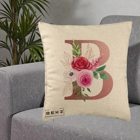 Cadou Personalizat - Perna Personalizata Monograma Rose Gold Litera B, 40x40 cm, Bej, Husa Detasabila, Perna Inclusa, BEKZ®