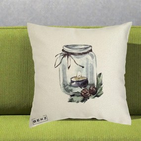 Perna Decorativa Felinar cu Lumanare si Conuri, 40x40 cm, Ecru, Husa Detasabila, Perna Inclusa, BEKZ®