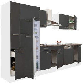 Mobilă de bucătărie Yorki 310, corp alb, față antracit satinat, frigider cu congelator superior