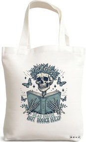 Sacosa de Panza pentru Cumparaturi, Geanta Tote, model Dead inside but books help 38 x 34.5 cm, Alba, BEKZ®
