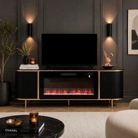 Comodă TV cu șemineu electric cu Încălzire, iluminare LED , 12 culori, Telecomandă, 180 cm, MOB190 Negru