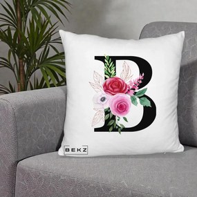 Cadou Personalizat - Perna Personalizata Monograma Florala Litera B, 40x40 cm, Alb Pufos, Husa Detasabila, Perna Inclusa, BEKZ®