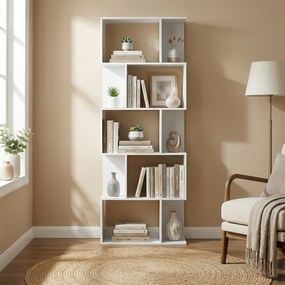 HOMCOM Raft pentru Cărți cu 5 Rafturi Separate, Bibliotecă în Formă de S din Lemn, 60x24x184,5 cm, Alb | Aosom Romania