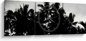 Tablou alb negru - palmieri (cu ceas) (90x30 cm)