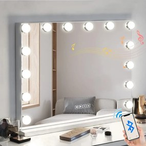 Oglindă cosmetică HANSONG, 14 becuri LED, Bluetooth, Difuzor, încărcare USB, 3 moduri iluminare, montare pe masă sau pe perete, 50x40 cm
