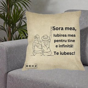 Cadou pentru Sora - Perna Personalizata Sora Mea Te Iubesc Line Art Portrete Colorate, 40x40 cm, Crem, Husa Detasabila, Perna Inclusa, BEKZ®