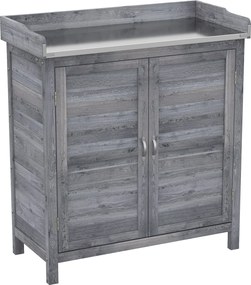 Outsunny Masă de plantat cu dulap inferior din lemn Dulap de grădină cu blat galvanizat 2 polițe Gri | Aosom Romania