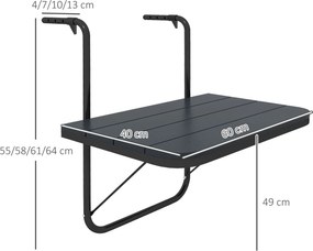 Outsunny Măsuță Pliabilă și Reglabilă pentru Balcon, Masă Suspendată pentru Balustradă, din Aluminiu și Plastic cu Efect de Lemn, Suport pentru Plante sau Gustări, Negru | Aosom Romania