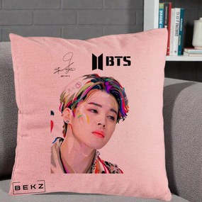 Perna Personalizata K-pop BTS Jimin Portret Artistic Multicolor cu Autograf, 40x40 cm, Roz, Husa Detasabila, Perna Inclusa, BEKZ®