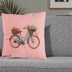 Perna Decorativa Bicicleta Teal cu Cosuri Duble de Flori Vintage, 40x40 cm, Roz, Husa Detasabila, Perna Inclusa, BEKZ®