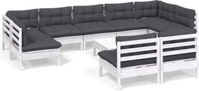 vidaXL Set mobilier grădină cu perne, 10 piese, alb, lemn masiv pin