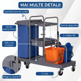 HOMCOM Cărucior Profesional de Curățenie cu 3 Rafturi, Sac pentru Gunoi și Găleată, 111x63,3x103 cm, Gri | Aosom Romania