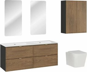 Set dulap baza suspendat 120 cm cu lavoar, dulap coloana si oglinda Comad Talia negru mat si stejar Casella