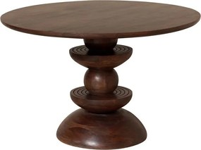 Masă dining rotundă din lemn de mango, maro, 4–5 locuri, cu picior central din sfere și cupe, 76 x 120 cm, „Cup”