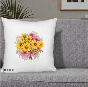 Perna Decorativa Floarea-Soarelui cu Cosmos Roz si Gypsophila, 40x40 cm, Alb Pufos, Husa Detasabila, Perna Inclusa, BEKZ®