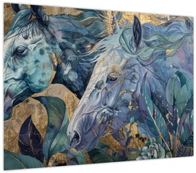 Tablou pe sticlă - Cai cu fundal auriu (70x50 cm)