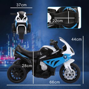 HOMCOM Moto electrică pentru copii 3 roți 6V 2,5 Km/h efecte luminoase și sonore încărcare maximă 20 kg BMW S1000 RR albastru | Aosom Romania