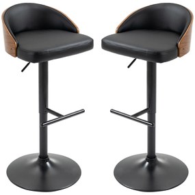 HOMCOM Scaune de Bar Set 2 buc., Scaun de Bar Tapitat din Oțel și Lemn Masiv, Înălțime Reglabilă pentru Bucătărie cu Suport pentru Picior, Rotativ 360°, Scaun de Bar pentru Bucătărie, Sufragerie, Sală de Mese, Negru+Cafea | Aosom Romania