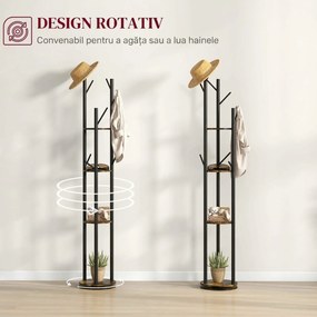 HOMCOM Suport Haine, Rotativ, cu 4 Rafturi și 8 Cârlige, stander haine pentru Hol, Dormitor, Living, 30x30x175 cm, Maro Rustic | Aosom Romania