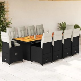 3277272 vidaXL Set bistro de grădină, 11 piese, cu perne, negru, poliratan