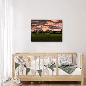 Tablou pe sticlă cu peisaj și biserică (70x50 cm)