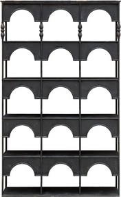 Etajeră din metal, negru, cu patină vintage, 5 rafturi și arcade decorative, finisaj antichizat, 194 x 120 x 34,5 cm, „Alhambra”